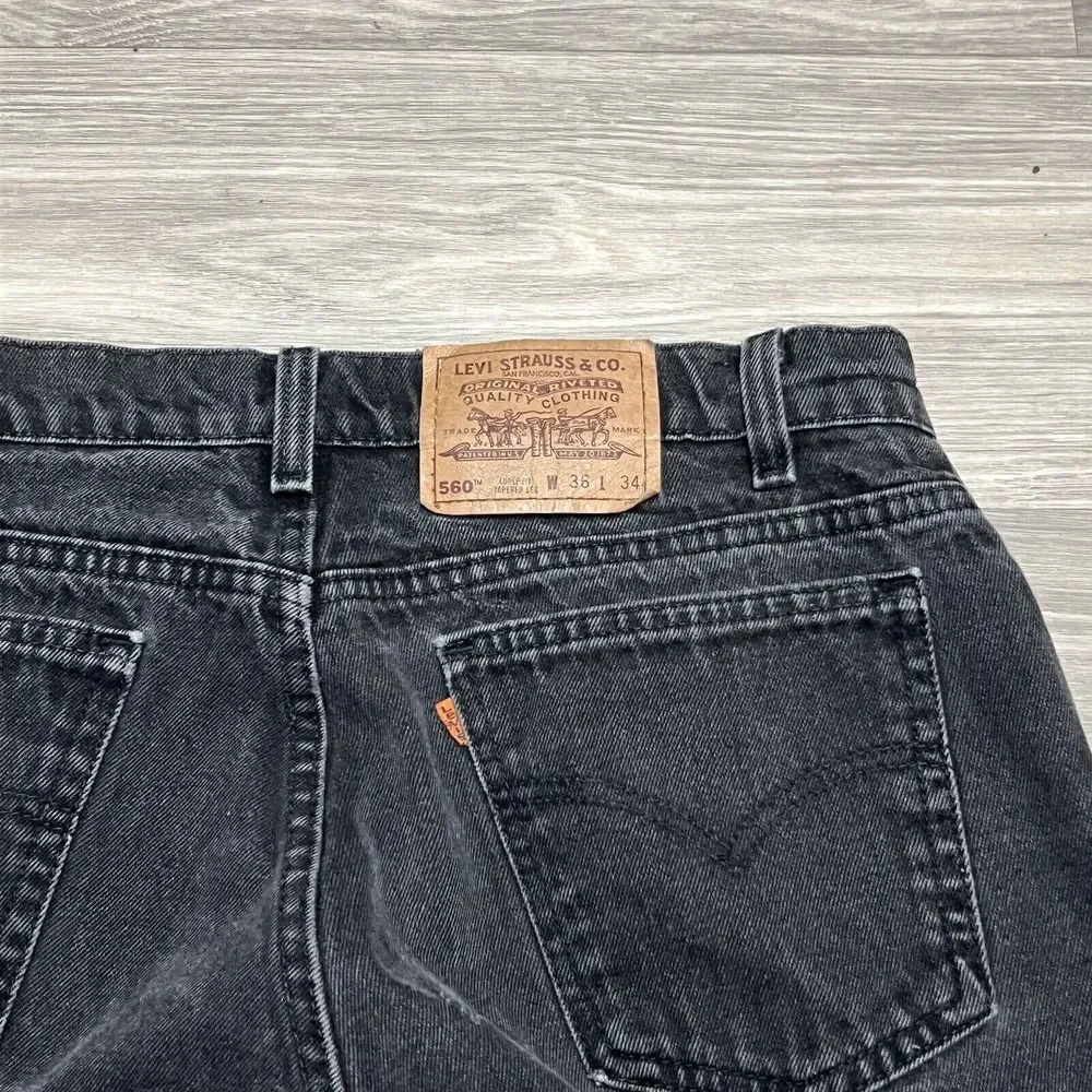 Vintage 90s Levi's 560‎ Jeans Men 36x34 Fit 32x33 Black Orange Tab Faded Denim